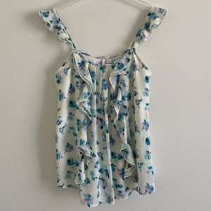 LC Lauren Conrad White Floral Ruffle Tank Top with Teal & Pink Accents
